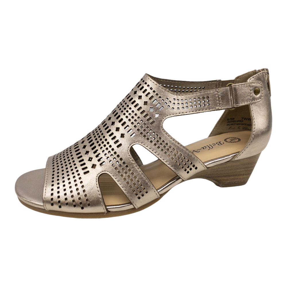 Bella Vita Quinby Champagne Gold Leather Open Toe Wedge Sandal Women's 8W